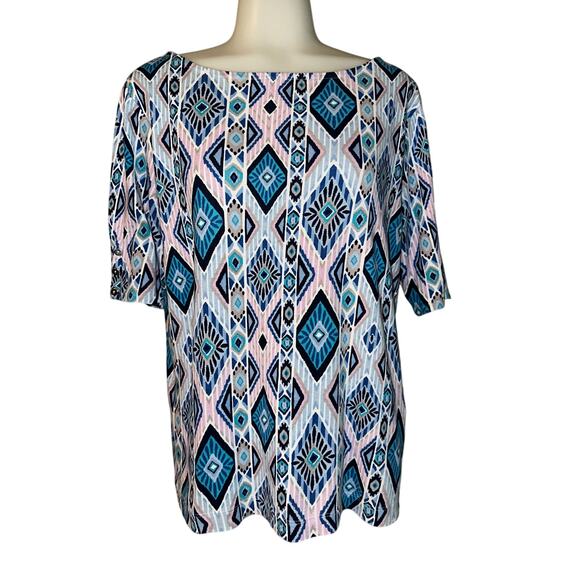 Chicos Top Women’s Size 1 US 8 Short Sleeve Tee Shirt Aztec Cotton - Picture 1 of 7